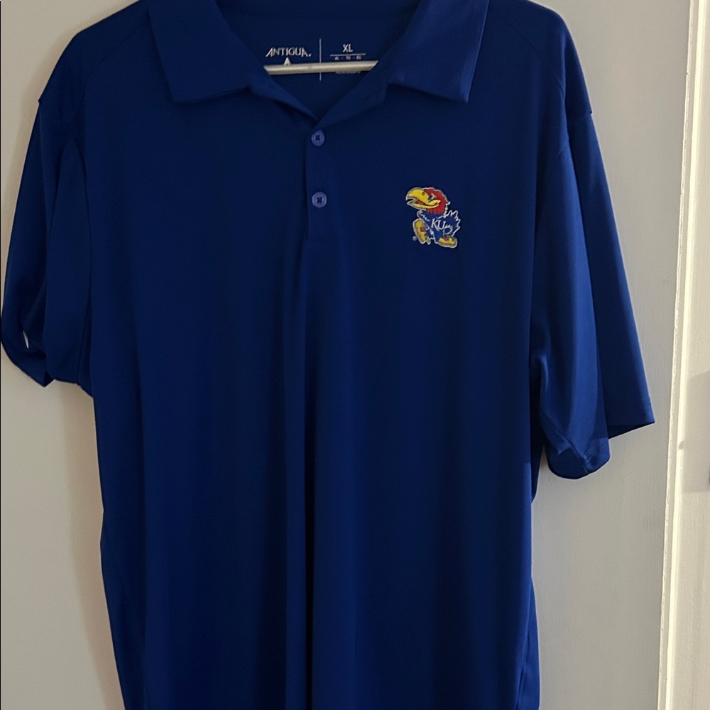 Kansas Jayhawks Antigua Royal Blue Polo with Embroidered Mascot